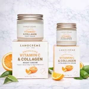 Lanocrème Vitamin C & Collagen Night Cream + Eye Cream 2pc Skincare Bundle Set